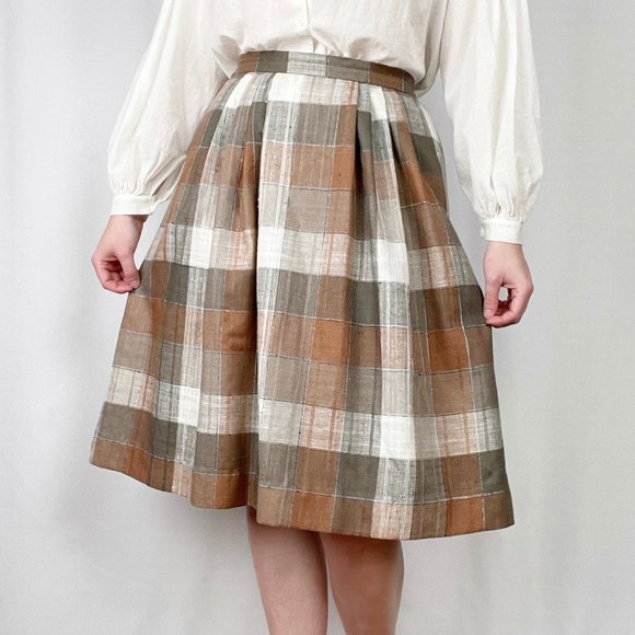 Vintage Dresses & Skirts - Vintage Union Made Plaid Pleated Midi Skirt High Rise Knit Preppy Tartan Pockets